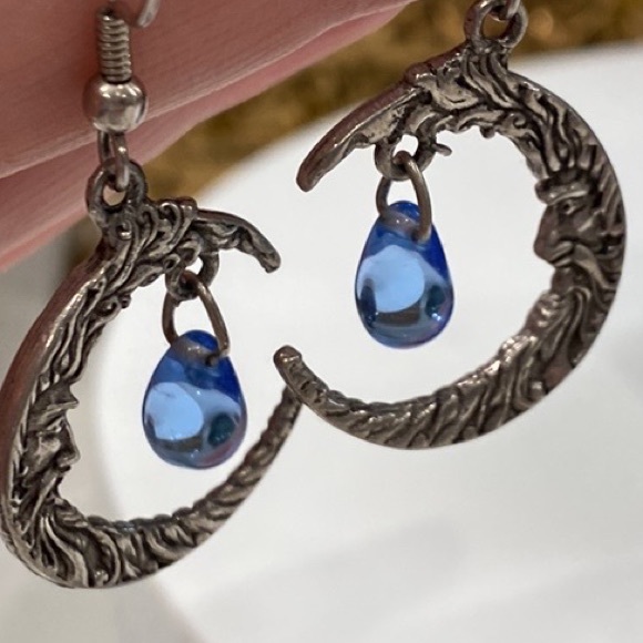 Man in the Moon - blue glass teardrops - silver earrings cast on both sides! EUC - Picture 3 of 16